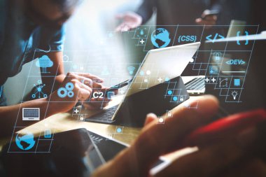 Ar yeni tasarım dashboard bilgisayar simgeler scrum çevik geliştirme ve kod çatal ve duyarlı cybersecurity ile sürüm oluşturma ile kodlama yazılım geliştirici çalışma. Başlangıç programlama takım. Web sitesi Tasarımcısı çalışma.