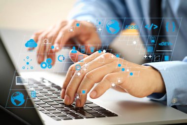 Ar yeni tasarım dashboard bilgisayar simgeler scrum çevik geliştirme ve kod çatal ve duyarlı cybersecurity.businessman tipik dizüstü bilgisayar ile klavye ile sürüm oluşturma ile kodlama yazılım geliştirici çalışma