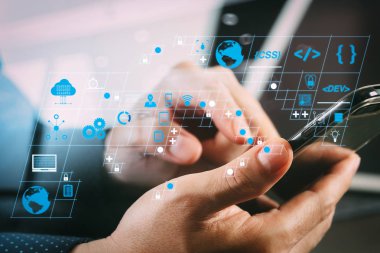 Kodlama yazılım geliştirici çalışma ile Ar yeni tasarım dashboard bilgisayar kutsal kişilerin resmi scrum çevik geliştirme ve kod çatal ve sürüm ile akıllı telefon çalışma duyarlı cybersecurity.businessman el ile oluşturma.