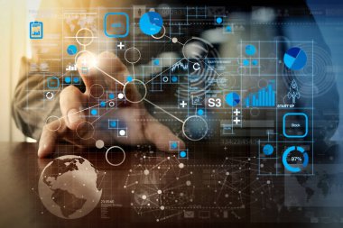 Mali rapor veri Fintech concept.businessman olarak iş işlemleri (bilanço ve gelir tablosu ve diyagram) modern teknoloji ve dijital iş stratejisi kavramı ile çalışma el