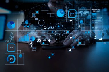 Mali rapor veri Fintech kavram olarak iş işlemleri (bilanço ve gelir tablosu ve diyagram). İşadamı el cep telefonu dijital iş stratejisi kavramı ile kullanma                 