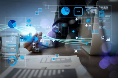 Mali rapor veri Fintech kavram olarak iş işlemleri (bilanço ve gelir tablosu ve diyagram). Dalgalar mavi ışık ve işadamı kavramı dizüstü bilgisayarda kullanma                