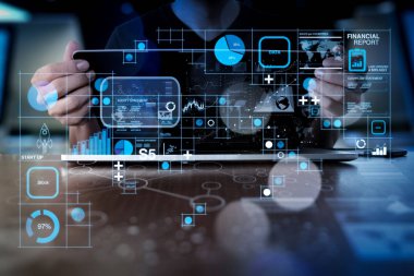 Mali rapor veri Fintech concept.business adam olarak iş işlemleri (bilanço ve gelir tablosu ve diyagram) dijital katman iş stratejisi ile dizüstü bilgisayar üzerinde çalışan el