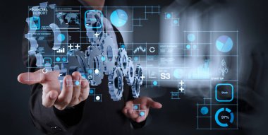 İşletme faaliyetlerinden (bilanço ve gelir tablosu ve diyagram) mali rapor veri olarak vites başarı kavramı kavram olarak gösterilen Fintech concept.businessman el