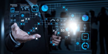 Mali rapor veri Fintech kavram olarak iş işlemleri (bilanço ve gelir tablosu ve diyagram). İşadamı el Oda arka plan görüşmekte dijital tablet ile çalışma