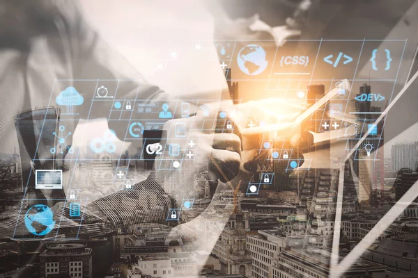 Coding software developer work with AR new design dashboard computer icons of scrum agile development and code fork and versioning with responsive cybersecurity.Double Exposure,Business team meeting present.