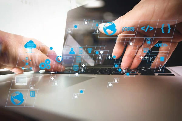 Coding software developer work with AR new design dashboard computer icons of scrum agile development and code fork and versioning with responsive cybersecurity.close up of business man hand working.