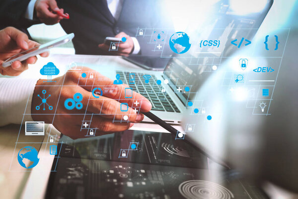 Coding software developer work with AR new design dashboard computer icons of scrum agile development and code fork and versioning with responsive cybersecurity.Business team meeting present.
