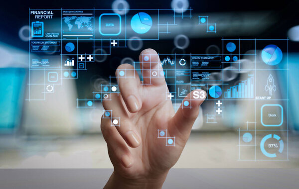 Финансовые данные хозяйственной деятельности (баланс и отчет о прибылях и убытках и схема) по концепции Fintech. Бизнесмен, работающий с новым современным компьютером
