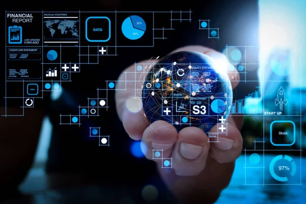 Financial report data of business operations (balance sheet and income statement and diagram) as Fintech concept.Businessman showing the globe world.Element by NASA.