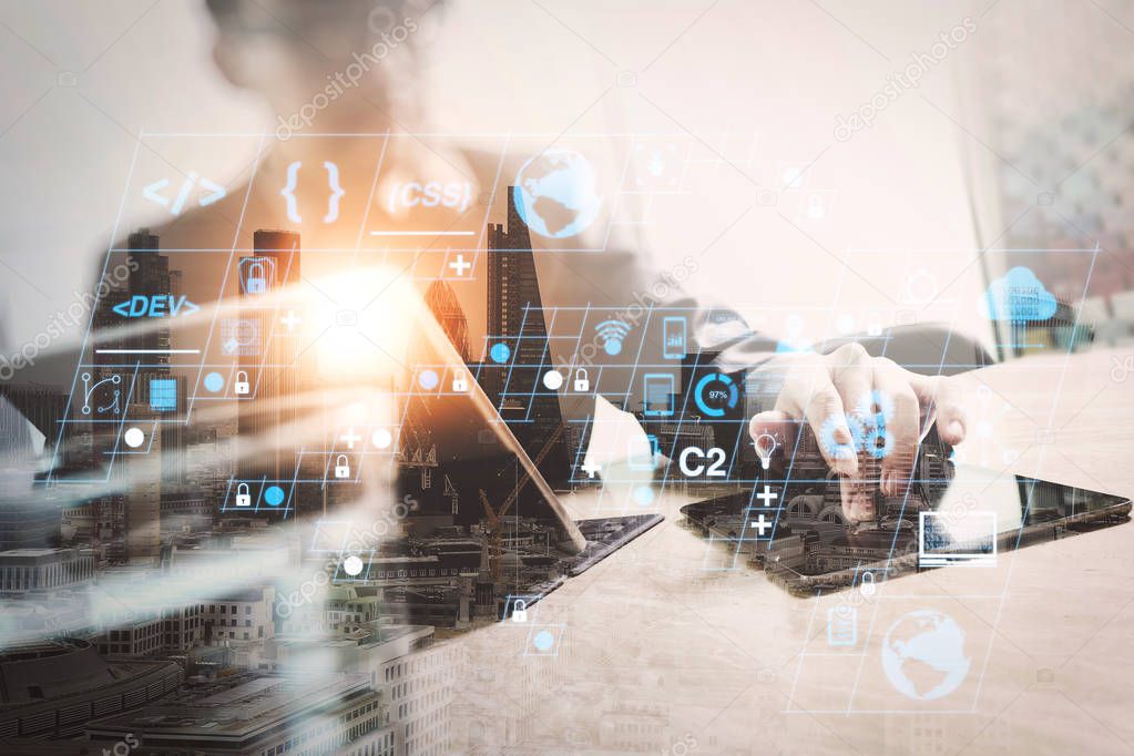 Coding software developer work with AR new design dashboard computer icons of scrum agile development and code fork and versioning with responsive cybersecurity.Double exposure of success businessman working