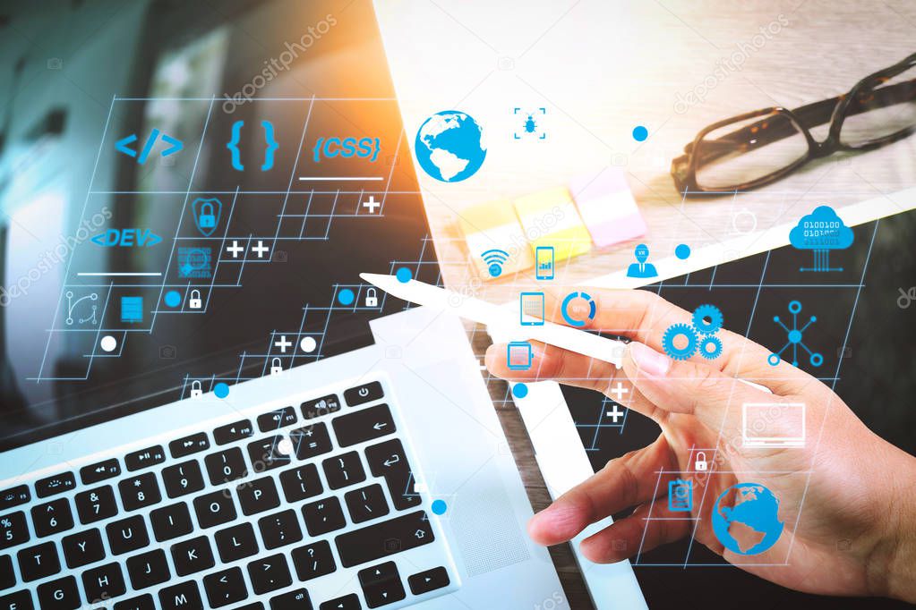 Coding software developer work with AR new design dashboard computer icons of scrum agile development and code fork and versioning with responsive cybersecurity.businessman hand working with digital tablet.