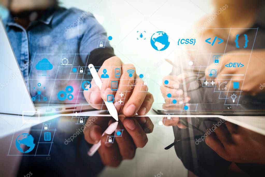 Coding software developer work with AR new design dashboard computer icons of scrum agile development and code fork and versioning with responsive cybersecurity.Team work concept,businessman hand attending video.