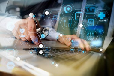 Sağlık ve Tıp teknolojisi hizmetleri kavramı ile düz çizgi Ar interface.doctor tıbbi çalışma alanı ofis ve tıbbi ağ medya diyagramı kavram olarak dizüstü bilgisayar ile çalışma