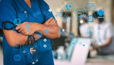 Sağlık ve Tıp teknolojisi hizmetleri kavramı ile düz çizgi Ar interface.smart tıbbi doktor stetoskop ile modern Hastanesi'nde çalışırken