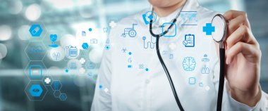 Sağlık ve Tıp teknolojisi Hizmetleri konseptiyle Sinematografi ekran ve Ar arabirimi. Ameliyathane kavram olarak çalışan akıllı tıp doktoru 