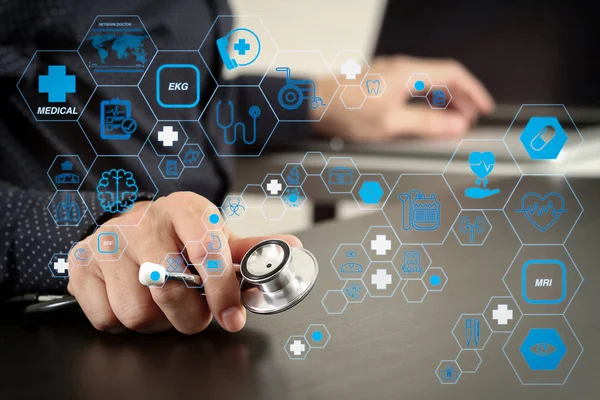 Concepto Servicios Salud Tecnología Médica Con Interfaz Línea Plana Médico — Foto de Stock