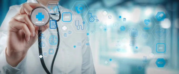 Gesundheitswesen Und Medizintechnische Dienstleistungen Konzept Mit Kinematographie Bildschirm Und Interface — Stockfoto