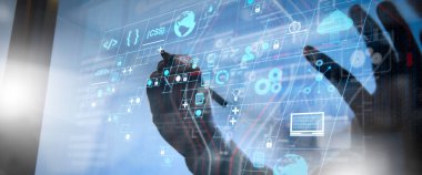 Scrum çevik geliştirme ve kod çatal ve sürüm duyarlı cybersecurity ile artar gerçeklik kontrol paneli bilgisayar simgeleri ile kodlama yazılım geliştirici çalışma. İş takım toplantısı mevcut. 