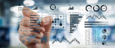 Destek sistemleri (BI) ve Ofis masaları ile akıllı telefon ve dijital tablet ve grafik üzerinde geniş ekran bilgisayar üzerindeki anahtar performans göstergeleri (KPI) Pano concept.business belgeler ile iş analizi (Ba).