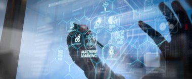 Makine teknolojisi diyagramı yapay zeka (AI), neural ağ, otomasyon, öğrenme veri madenciliği Vr screen.businessman elinde modern teknoloji ve dijital Katman efektini çalışma.