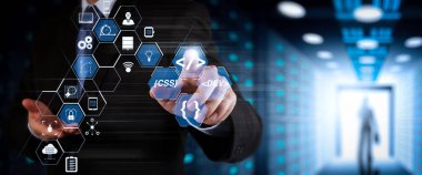 Scrum çevik geliştirme ve kod çatal ve sürüm duyarlı cybersecurity ile artar gerçeklik kontrol paneli bilgisayar simgeleri ile kodlama yazılım geliştirici çalışma. Çalışma ile geniş Vr perde işadamı.