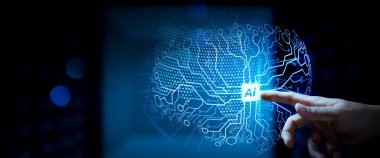 Yapay zeka (AI), öğrenme sanal dachboard veri madenciliği teknolojisi ile makine. İş takım toplantısı. Profesyonel yatırımcı el geniş Vr ekran bilgisayar çalışma.