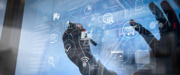 Концепция электронной коммерции с цифровым интерфейсом VR с иконками корзины и доставка грузовика и кредитной карты с символом интернет-покупки на internet.businessman успеха работы со своей командой, как концепция
