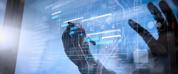 Менеджер проекта работает и обновляет задачи с планом выполнения этапов и графиком Ганта, планируя виртуальную диаграмму.
