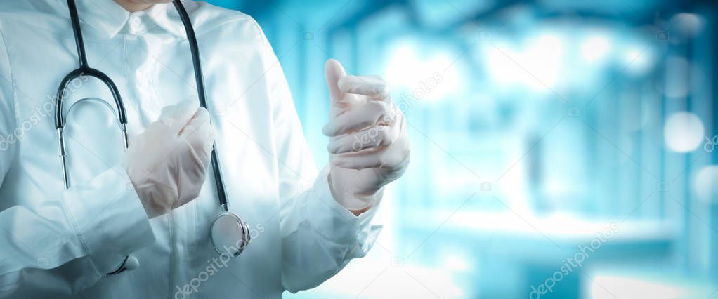 Health care and medical technology services concept with cinematography screen and AR interface.Smart medical doctor working with operating room as concept