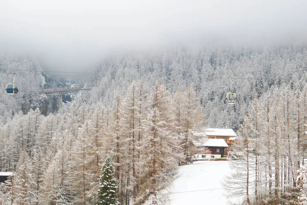 Swiss ski resort in winter, a funicular and a train climbing uphill, traditional alpine house at the foot of hillside covered with dense coniferous forest