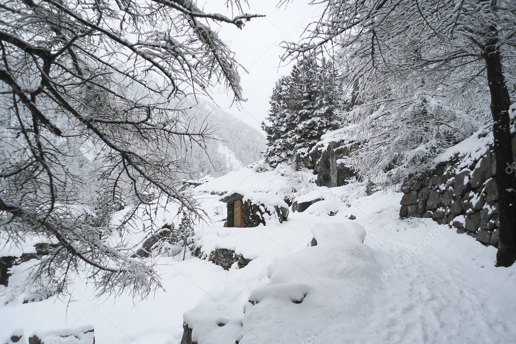 mountain landscape with old woodshed nearby the woodland road, footprints in snow, winter in Swiss Alps