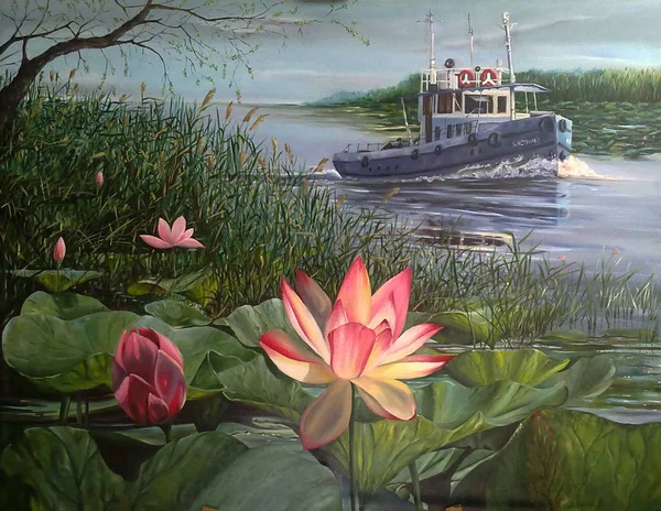 Boot bij de Delta van de rivier de Wolga — Stockfoto