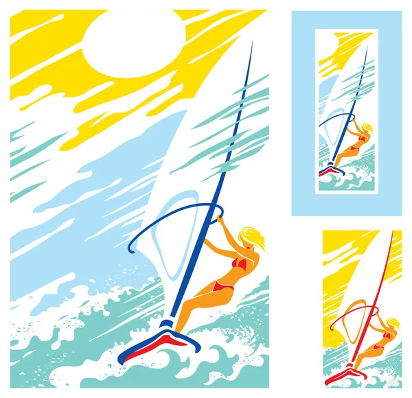 Kız Deniz Güneş Rüzgar Sörfü Llüstrasyon — Stok Vektör