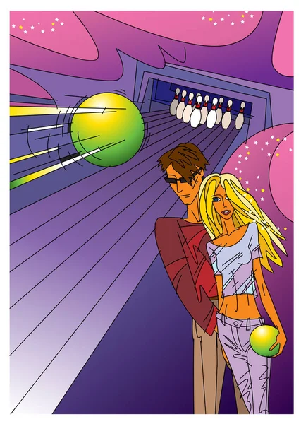 Oğlan ve kız bowling oynamaktan vektör çizimi.