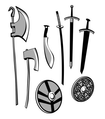 Ortaçağ veapon. savaş baltası, kılıç, samuray kılıcı, viking kalkanın, gurka bıçak. Logo veya gösterimler için ayarla