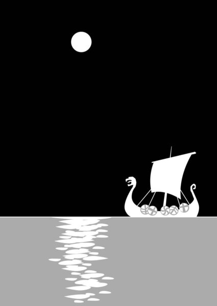 lonely drakkar. Viking ship in the night sea. vector drawing for illustrations