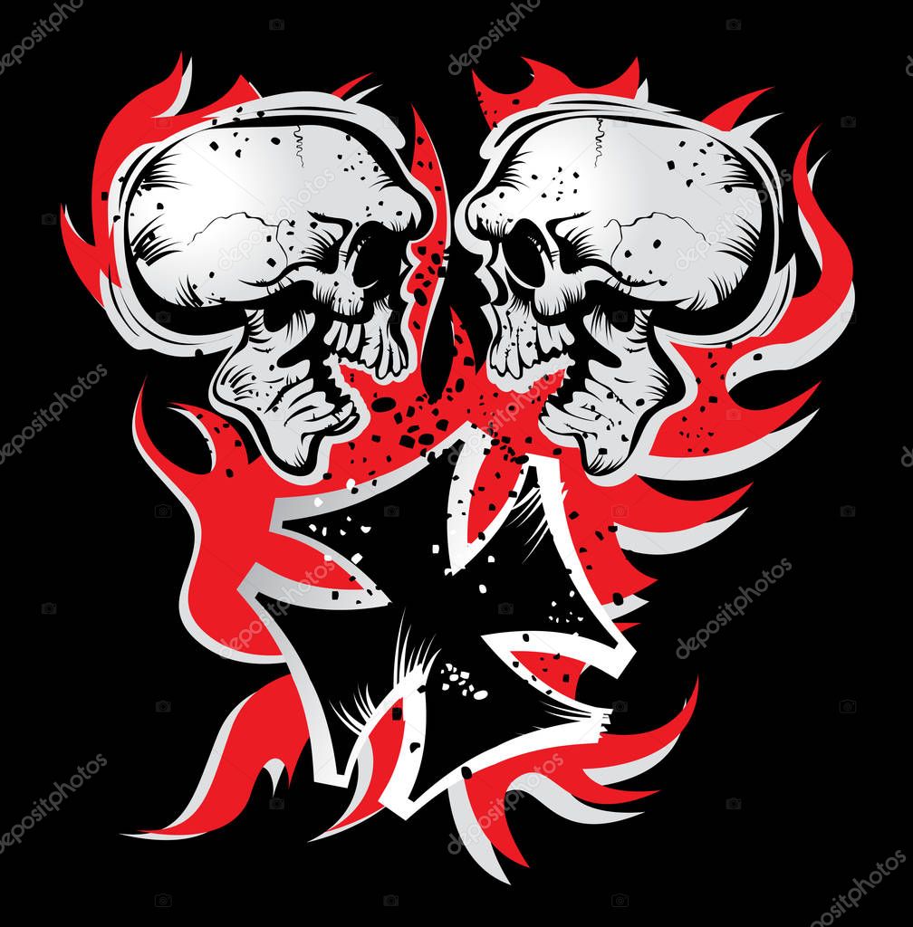 Emblem with two skulls, a Teutonic cross and a flame. vector drawing for illustrations