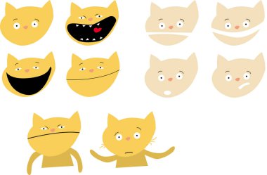 Çeşitli duygular ile sevimli kedi karakter seti. Vektör çizimleri. logo, maskot, etiket, emoji, ifade.