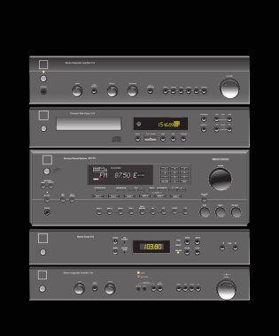 Ses dükkanı. Kaliteli ses için kalite bileşenleri. Akustik sistem, amplifikatör, alıcı, subwoofer, ev sineması. Yazdırma veya resimleme için vektör çizimi.