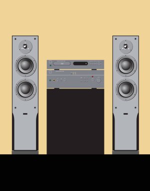 Ses dükkanı. Kaliteli ses için kalite bileşenleri. Akustik sistem, amplifikatör, alıcı, subwoofer, ev sineması. Yazdırma veya resimleme için vektör çizimi.