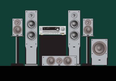 Ses dükkanı. Kaliteli ses için kalite bileşenleri. Akustik sistem, amplifikatör, alıcı, subwoofer, ev sineması. Yazdırma veya resimleme için vektör çizimi.