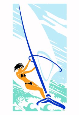 Yelken altında. Yelken tahtasındaki siyah saçlı kız. Mavi gökyüzü, yeşil deniz. İllüstrasyonlar için vektör resmi.