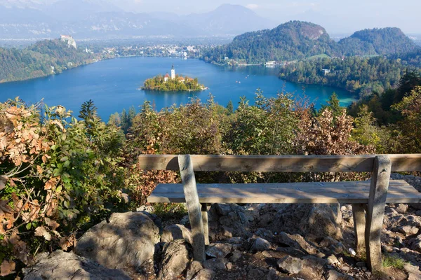 Banc Sur Dessus Point Vue Lac Bled Avec Église Île — Photo