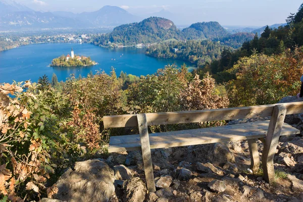 Bench on the top, view point at Bled lake with island church