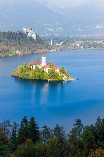 Vue Lac Bled Église Pèlerinage Assomption Marie Depuis Sommet — Photo