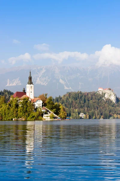 Vue Sur Lac Bled Église Pèlerinage Assomption Marie Destination Touristique — Photo