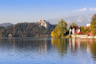 Lake Bled, Slovenya renkli sonbahar. Bled kale arka plan üzerinde