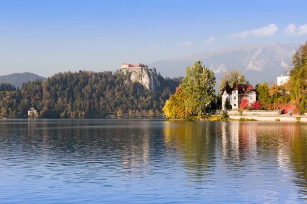 Красочная Осень Озере Блед Словения Замок Блед Заднем Плане — стоковое фото