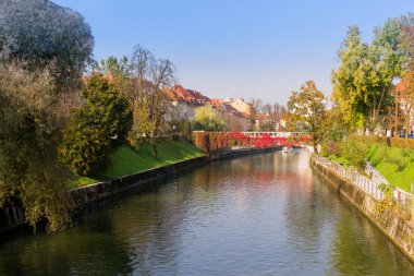 Ljubljana, Slovenya - sonbahar renkli riverfront görünümünde